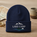 Lake Camp Mountains Pine Trees Tent Waves Embroidered Beanie