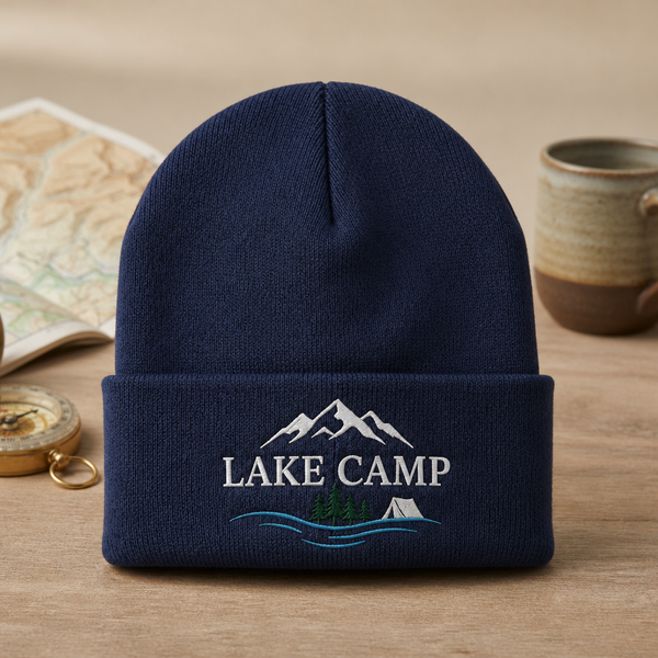 Lake Camp Mountains Pine Trees Tent Waves Embroidered Beanie