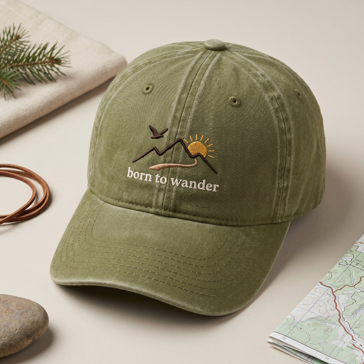 Born To Wander Mountain Sunrise Bird Outdoor Embroidered Hat — Washed Hat
