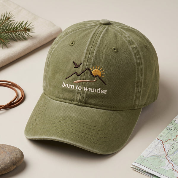 Born To Wander Mountain Sunrise Bird Outdoor Embroidered Hat — Washed Hat