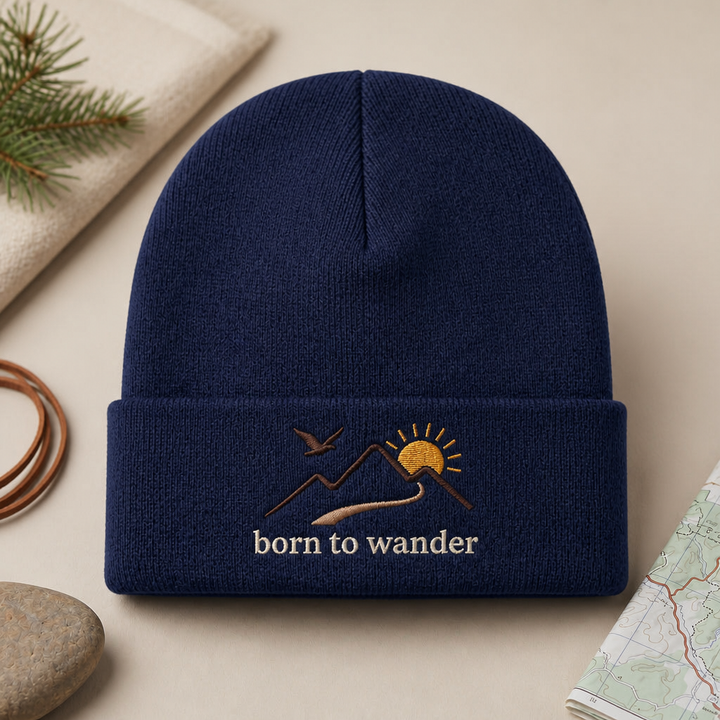 Born To Wander Mountain Sunrise Bird Outdoor Embroidered Beanie