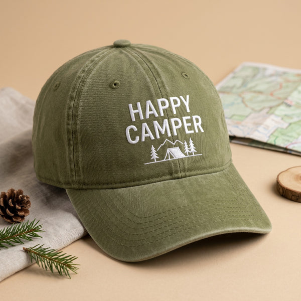 Happy Camper Mountain Tent Trees Outdoor Embroidered Hat — Washed Hat