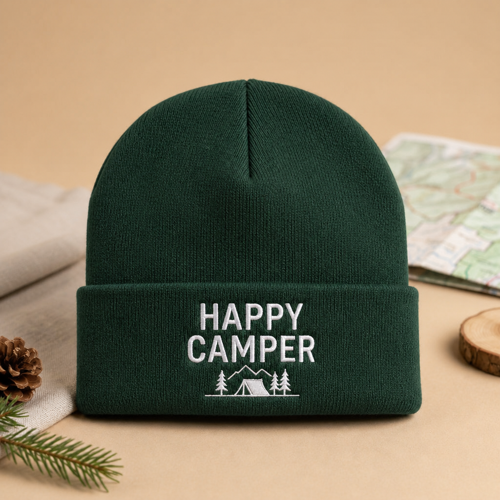 Happy Camper Mountain Tent Trees Outdoor Embroidered Beanie