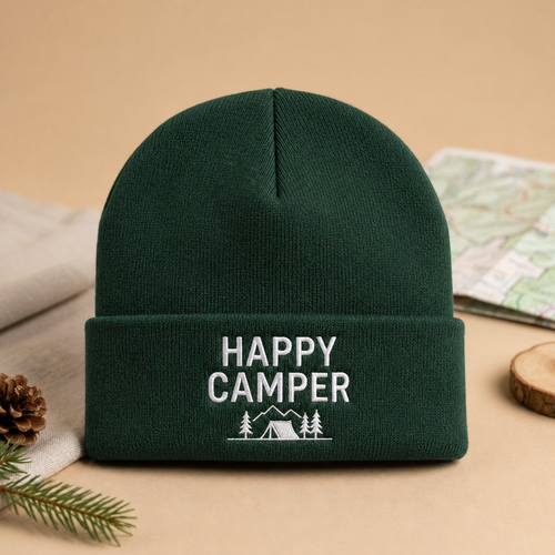 Happy Camper Mountain Tent Trees Outdoor Embroidered Beanie