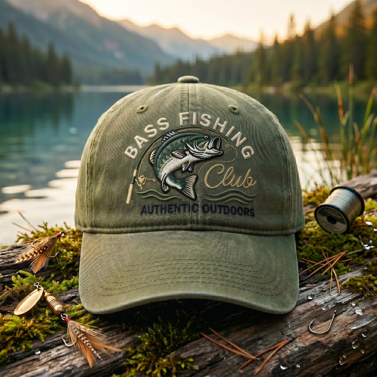 Bass Fishing Club Largemouth Bass Fish Rod Outdoor Embroidered Hat — Washed Hat