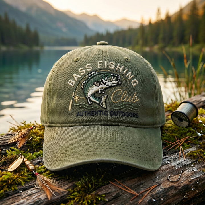 Bass Fishing Club Largemouth Bass Fish Rod Outdoor Embroidered Hat — Washed Hat