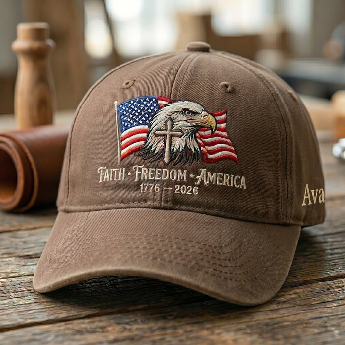 Personalized Faith Freedom America 1776 2026 Bald Eagle American Flag Cross Embroidered Two-Tone Hat