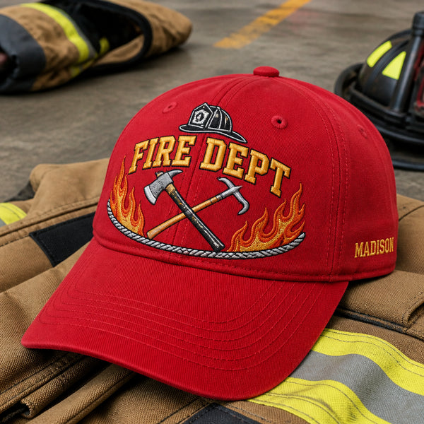 Personalized Brave Firefighter Axe and Flame Scene Snapback Embroidered Hat — Washed Hat