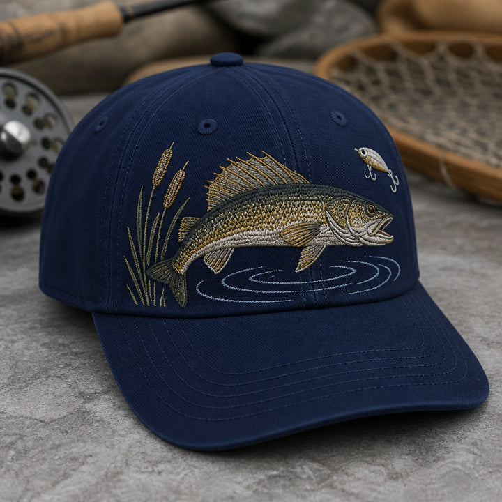 Walleye Fishing Scene Freshwater Angler Trucker Embroidered Hat — Washed Hat