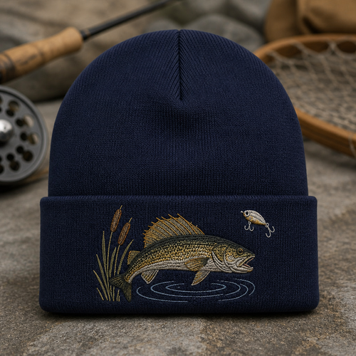 Walleye Fishing Scene Freshwater Angler Trucker Embroidered Beanie