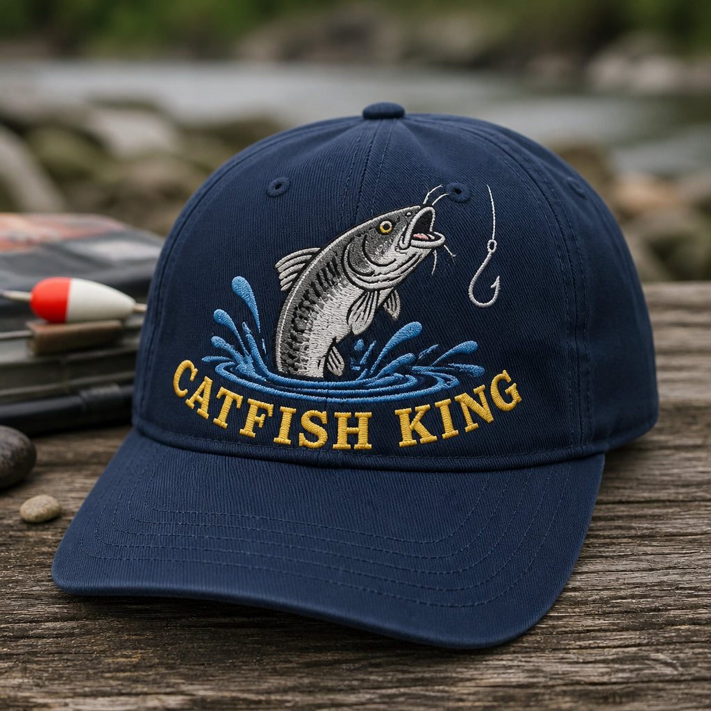 Catfish King Jumping Scene Freshwater Fishing Trucker Embroidered Hat — Washed Hat