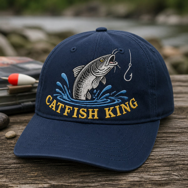 Catfish King Jumping Scene Freshwater Fishing Trucker Embroidered Hat — Washed Hat