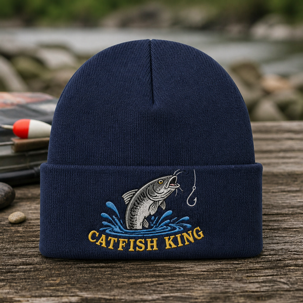 Catfish King Jumping Scene Freshwater Fishing Trucker Embroidered Beanie