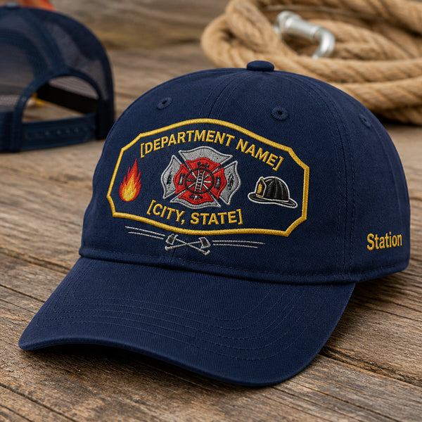 Personalized Fire Department Shield Trucker Embroidered Hat — Washed Hat