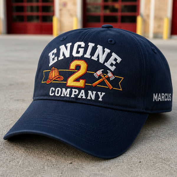 Personalized Fire Station Engine Company Crew Firefighter Number Embroidered Hat — Washed Hat