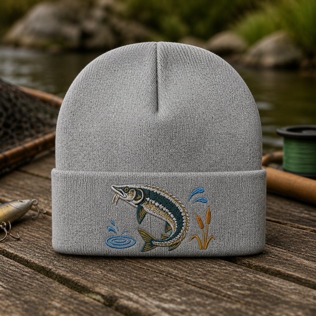 Jumping Sturgeon Fishing Scene Trucker Embroidered Beanie