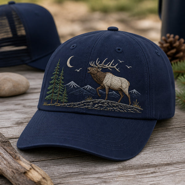 Bugling Elk at Dawn Mountain Ridge Scene Embroidered Hat — Washed Hat