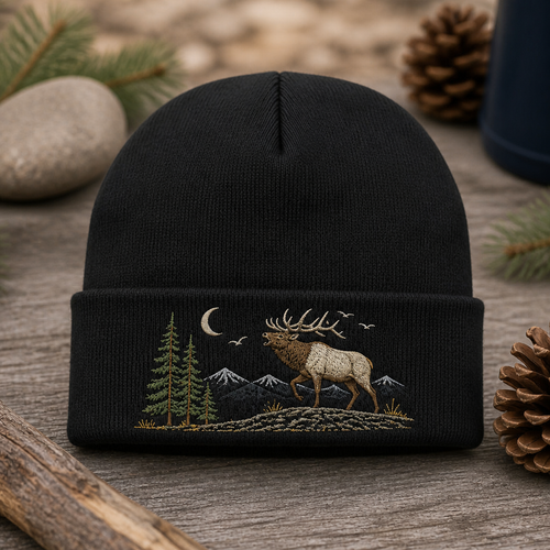 Bugling Elk at Dawn Mountain Ridge Scene Embroidered Beanie