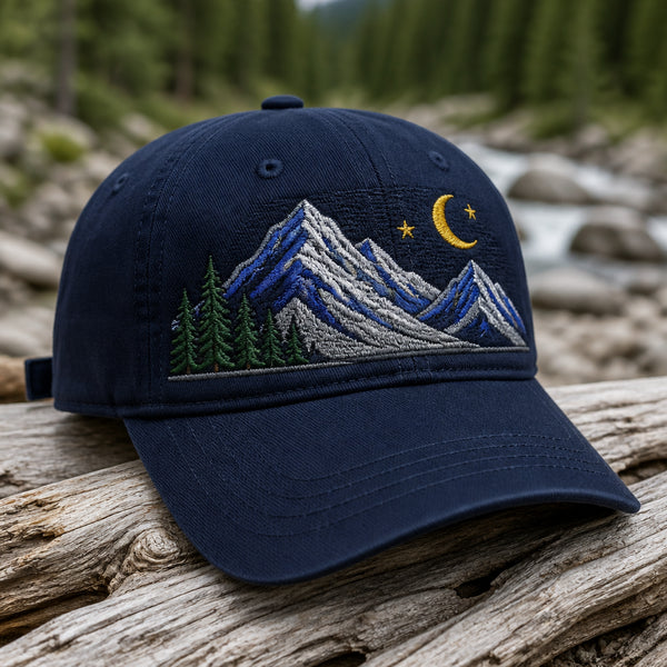 Mountain Sunset Scene Trucker Cap Outdoor Adventure Embroidered Hat — Washed Hat