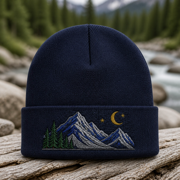 Mountain Sunset Scene Trucker Cap Outdoor Adventure Embroidered Beanie