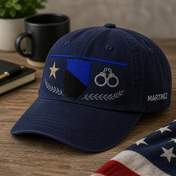 Personalized Thin Blue Line State Shield Badge Scene Embroidered Hat — Washed Hat