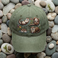 Cute Otters Wildflowers Nature Lover Embroidered Hat — Washed Hat