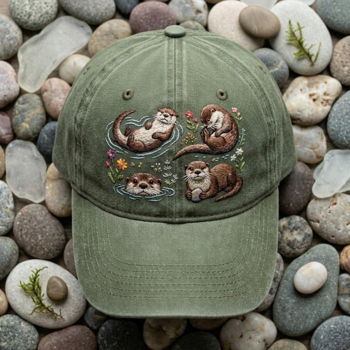 Cute Otters Wildflowers Nature Lover Embroidered Hat