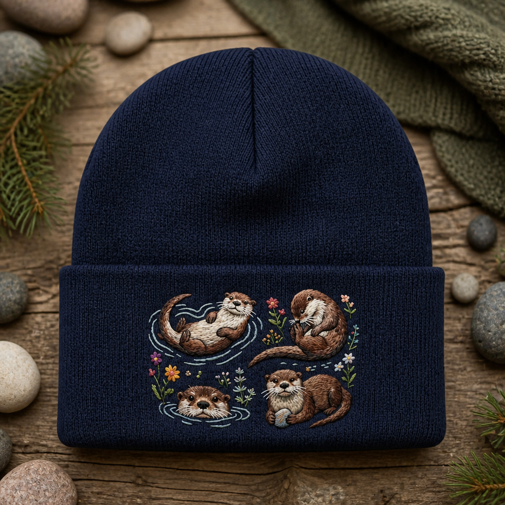 Cute Otters Wildflowers Nature Lover Embroidered Beanie