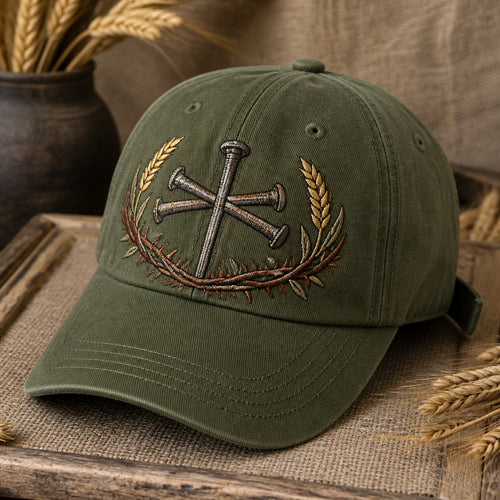Three Nails Cross Faith Scene Christian Embroidered Hat — Washed Hat