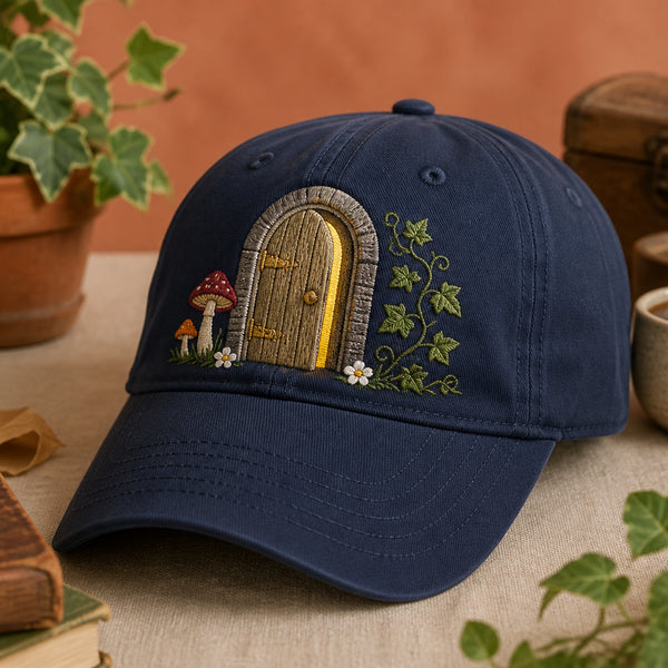 Enchanted Forest Secret Door Magic Garden Scene Embroidered Hat — Washed Hat