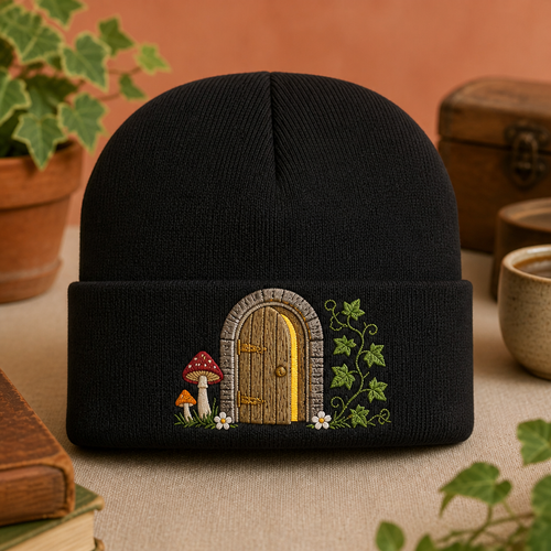 Enchanted Forest Secret Door Magic Garden Scene Embroidered Beanie