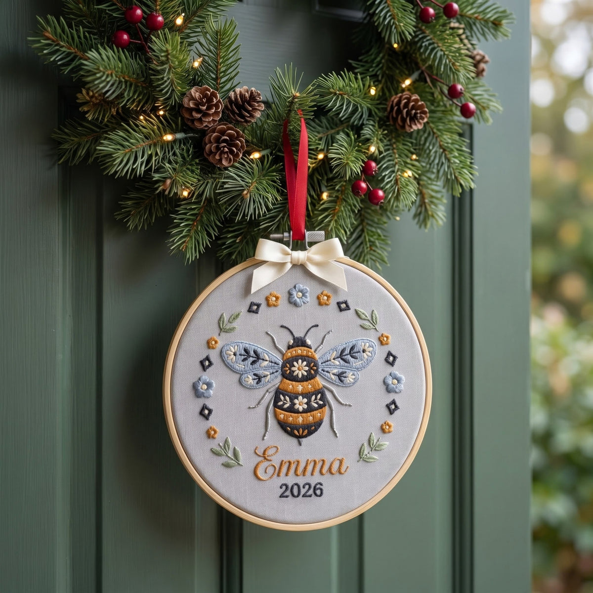 Personalized Bee Floral Folk Art Christmas Embroidered Ornament — Christmas ornament
