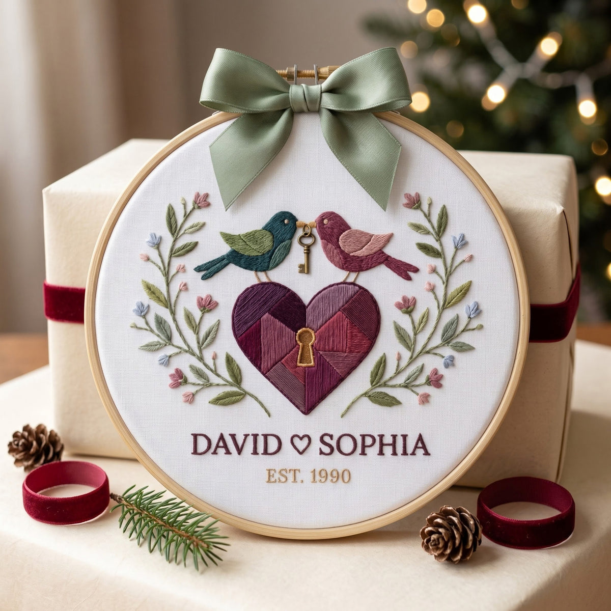 Personalized Couple Love Birds Heart Lock Key Anniversary Embroidered Ornament — Christmas ornament