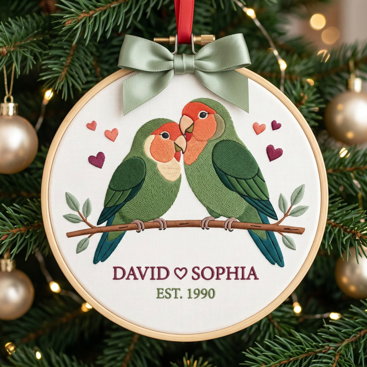 Personalized Lovebirds Couple Christmas Embroidered Ornament — Christmas ornament