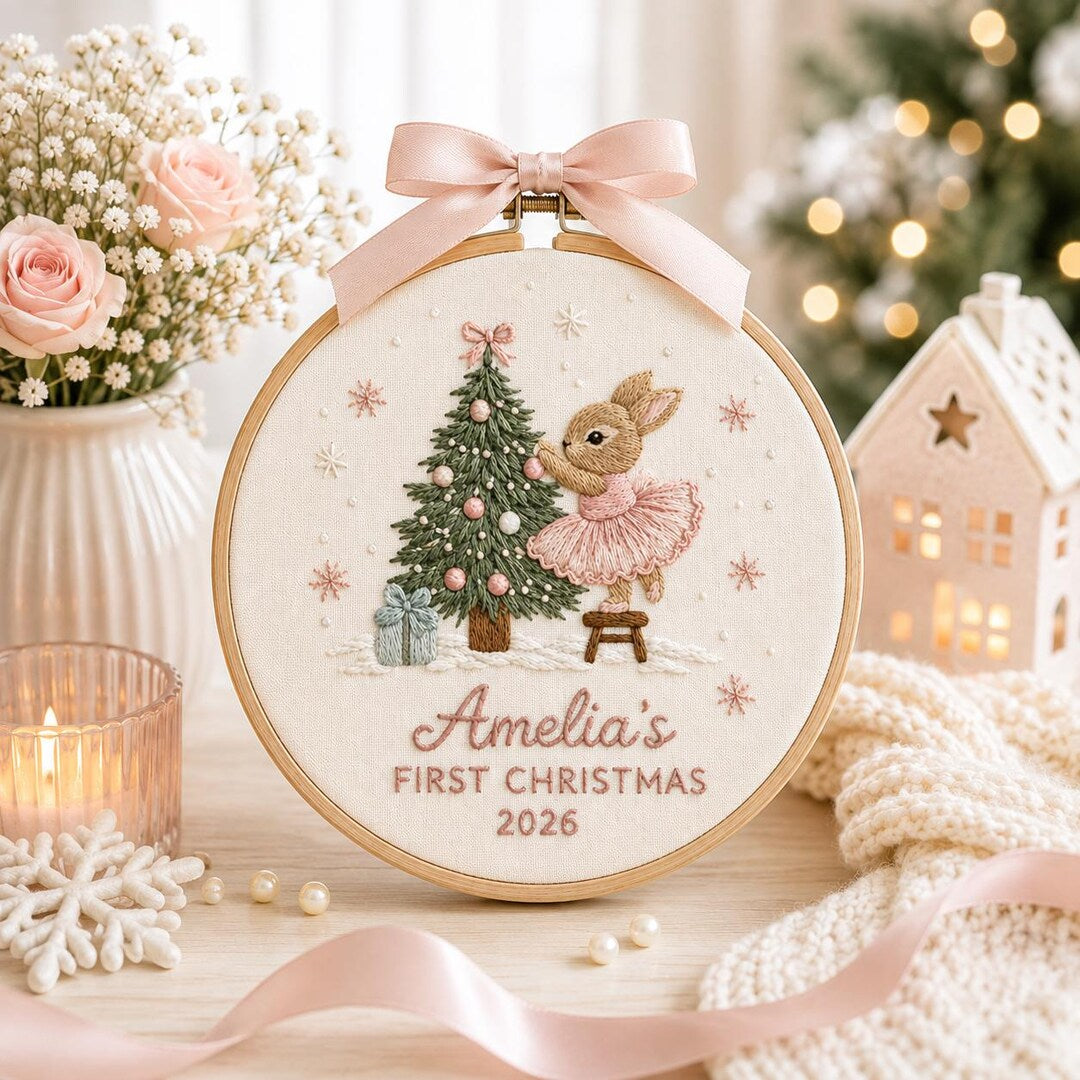 Personalized Baby's First Christmas Bunny Ballerina Tree Embroidered Ornament — Christmas ornament