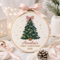 Personalized Baby's First Christmas Coquette Pink Bow Christmas Tree Embroidered Ornament — Christmas ornament