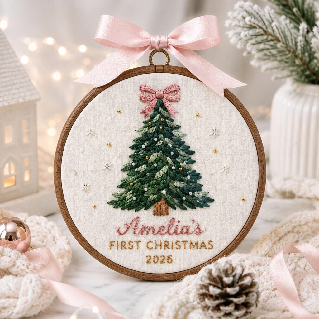 Personalized Baby's First Christmas Coquette Pink Bow Christmas Tree Embroidered Ornament