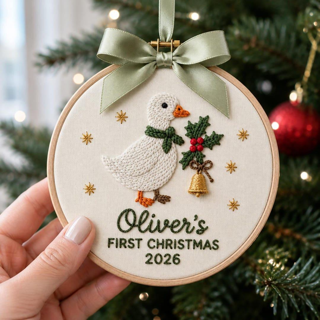 Personalized Baby's First Christmas Duck Holly Bell Hoop Embroidered Ornament — Christmas ornament