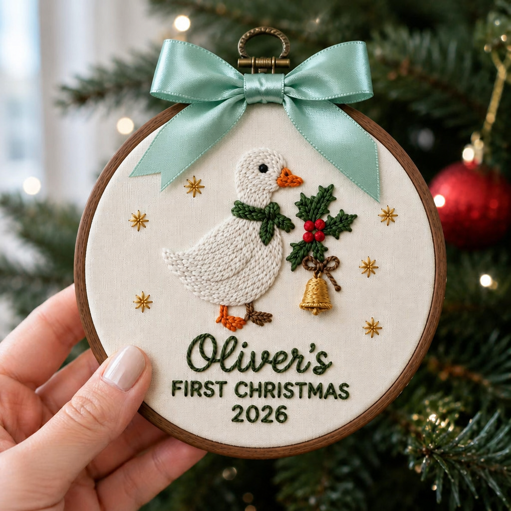 Personalized Baby's First Christmas Duck Holly Bell Hoop Embroidered Ornament