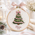 Personalized Coquette Pink Christmas Tree Bow Star Name Year Embroidered Ornament — Christmas ornament