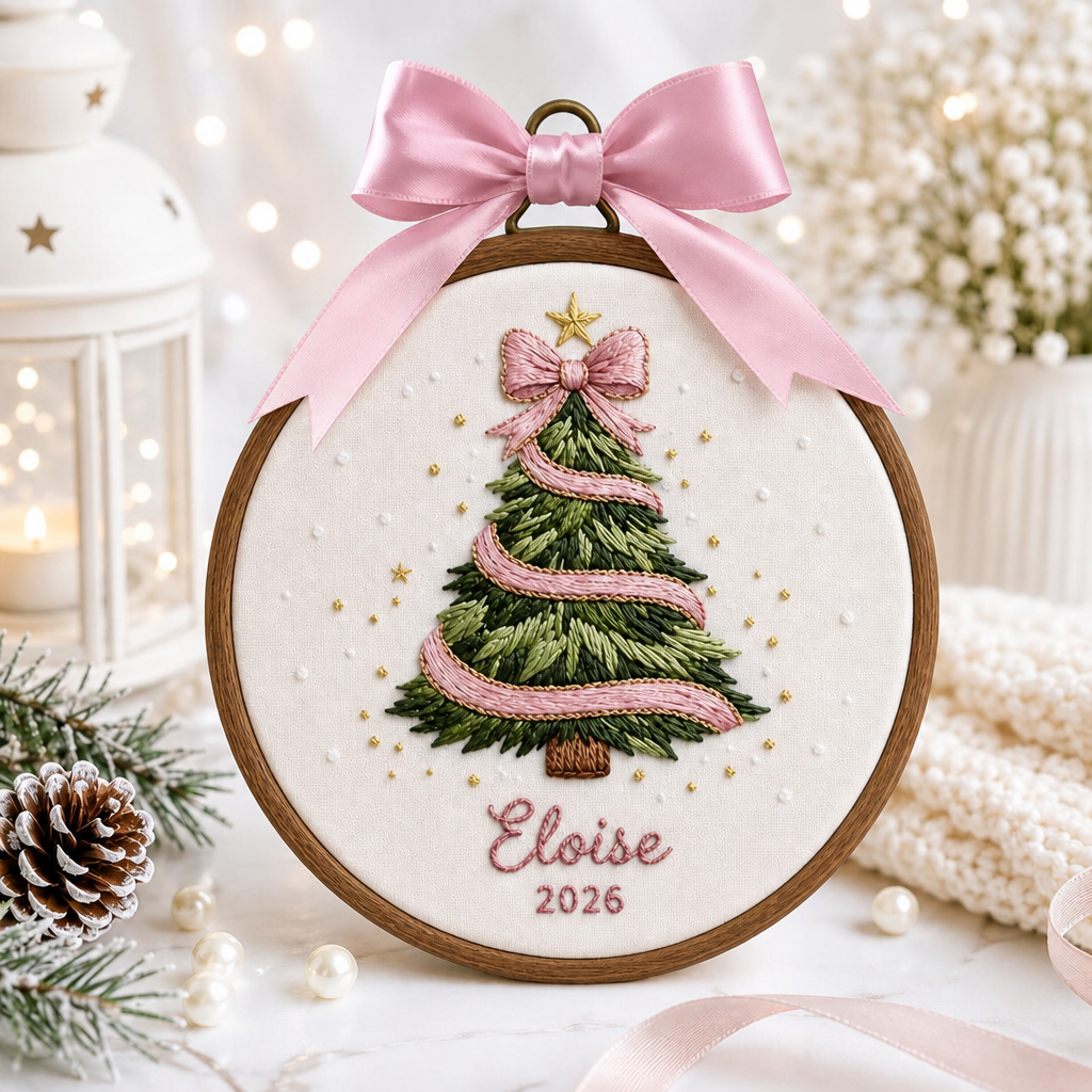 Personalized Coquette Pink Christmas Tree Bow Star Name Year Embroidered Ornament