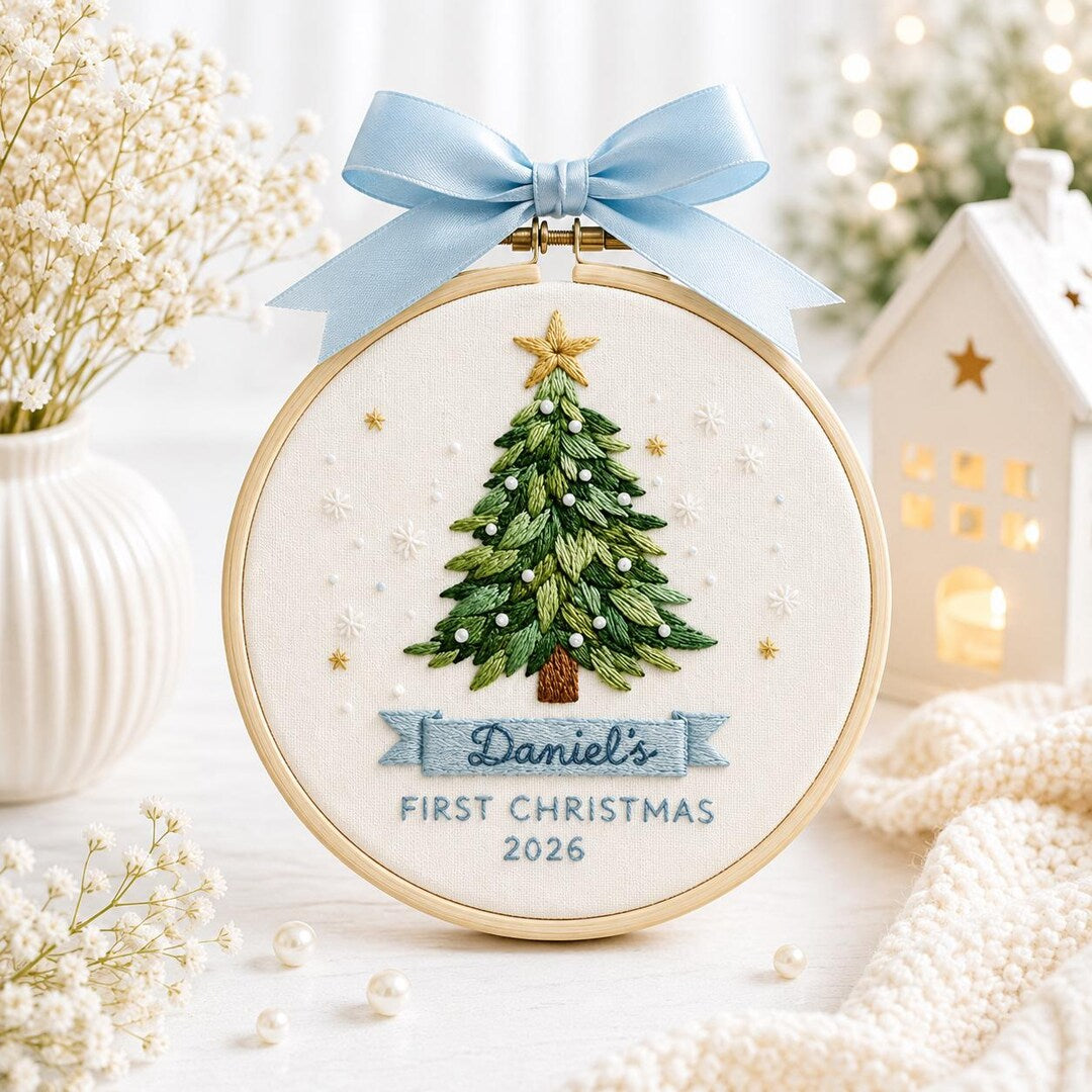 Personalized Baby's First Christmas Tree Star Snow Blue Banner Embroidered Ornament — Christmas ornament