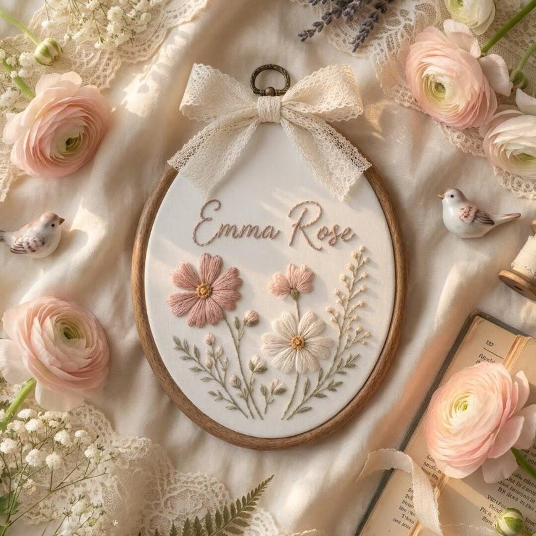 Personalized Baby Name Wildflower Floral Hoop Embroidered Ornament — Christmas ornament