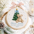 Personalized Baby First Christmas Teddy Bear Blue Bow Christmas Tree Snowflakes Embroidered Ornament — Christmas ornament