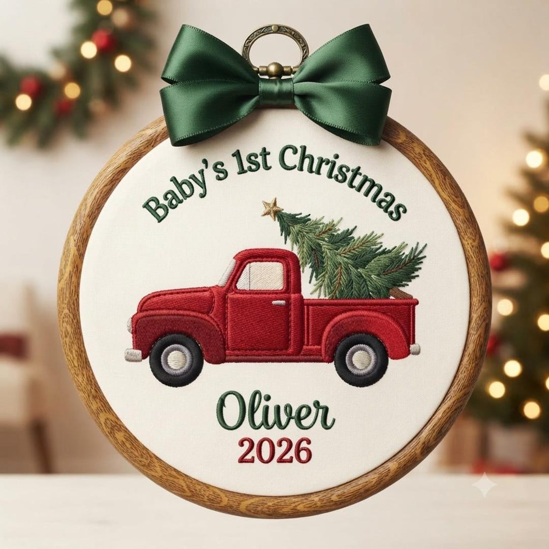 Personalized Baby's 1st Christmas Red Truck Christmas Tree Name Year Embroidered Ornament — Christmas ornament