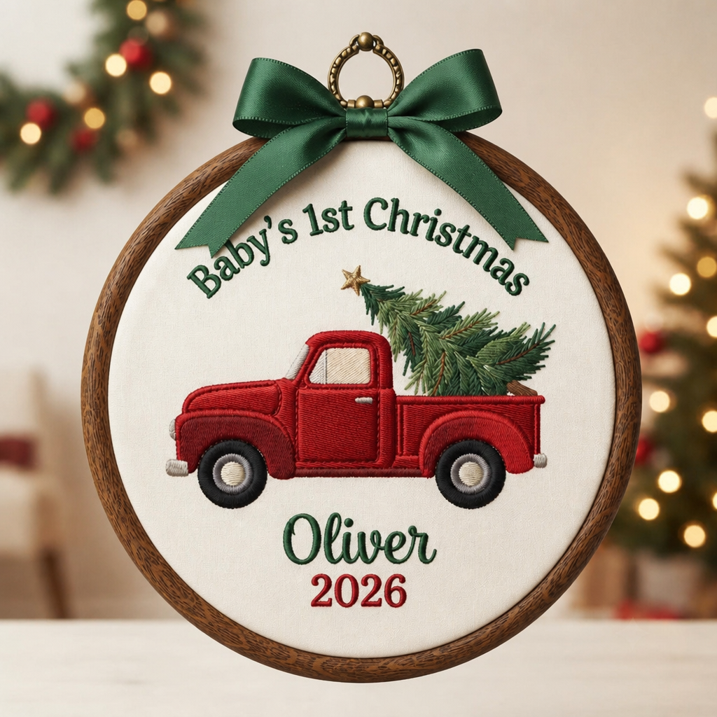 Personalized Baby's 1st Christmas Red Truck Christmas Tree Name Year Embroidered Ornament