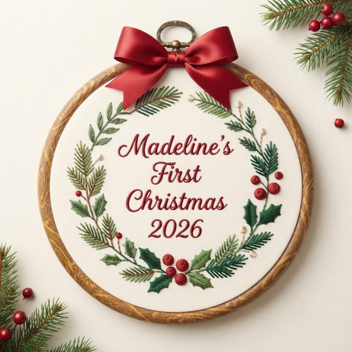 Personalized Baby's First Christmas Holly Wreath 2026 Embroidered Ornament
