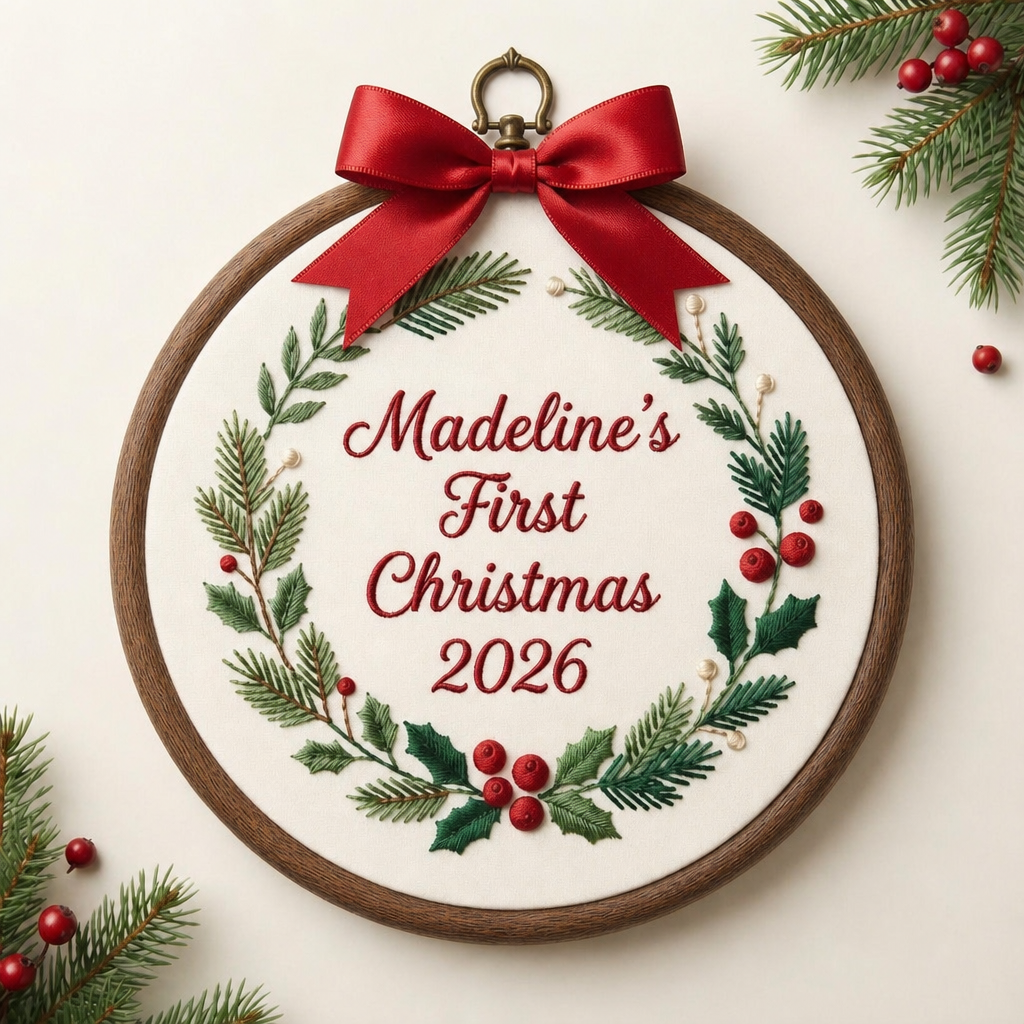 Personalized Baby's First Christmas Holly Wreath 2026 Embroidered Ornament