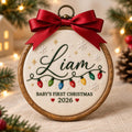 Personalized Baby's First Christmas Name Year Christmas Lights Snowflakes Embroidered Ornament — Christmas ornament