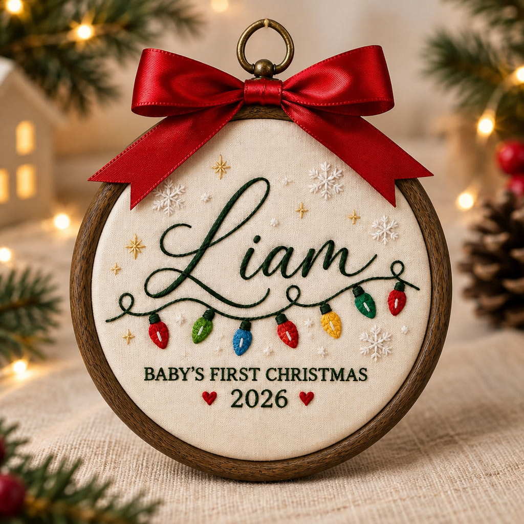 Personalized Baby's First Christmas Name Year Christmas Lights Snowflakes Embroidered Ornament